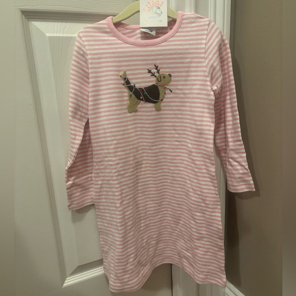 NWT Luigi Kids Pink Striped Dog Reindeer Dress